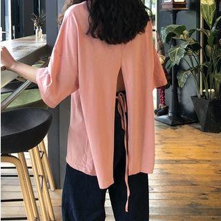 Back-slit Lace-up Elbow-sleeve T-shirt