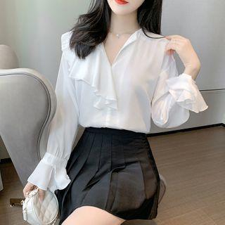 Long-sleeve Frill Trim V-neck Chiffon Blouse