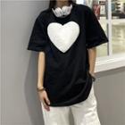 Short Sleeve Heart Applique T-shirt Black - One Size