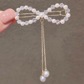 Bow Rhinestone Faux Pearl Hair Clip Ly643 - Rhinestone & Faux Pearl - Silver - One Size