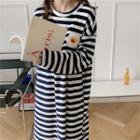 Bear Embroidered Striped Long-sleeve Sleep Dress