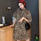 Elbow-sleeve Leopard Print Collared Dress