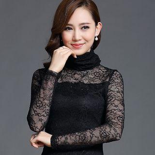 Lace Panel Turtleneck Long-sleeve Top