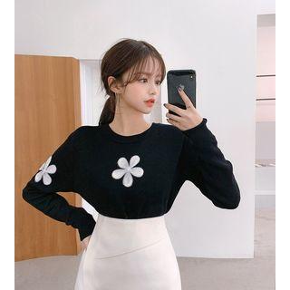 Crewneck Flower-appliqu  Knit Top Black - One Size