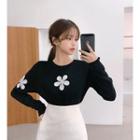 Crewneck Flower-appliqu  Knit Top Black - One Size