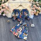 Set: Short-sleeve Off-shoulder Floral Print Crop Top + Wide Leg Shorts