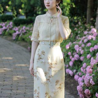 Set: Puff-sleeve Blouse + Leaf Print Midi Pencil Skirt