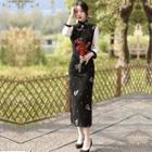 3/4-sleeve Two-tone Corduroy Midi Qipao