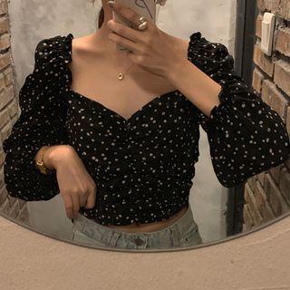 Puff-sleeve Floral Blouse Black - One Size