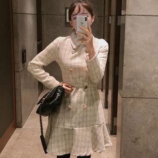 Buttoned Ruffle-hem Checked Tweed Dress With Belt