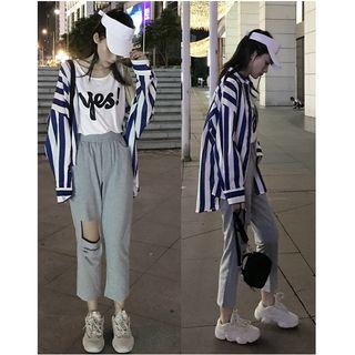 Striped Shirt / Lettering Tank Top / Cropped Ripped Sweatpants