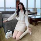 Set: Long-sleeve Button Lace Top + Mini Fitted Skirt