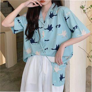 Set: Printed Short-sleeve Blouse + Crossbody Pouch