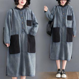 Paneled Long-sleeve Denim A-line Dress