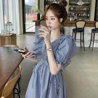 Puff-sleeve Striped Ruffled Midi A-line Dress