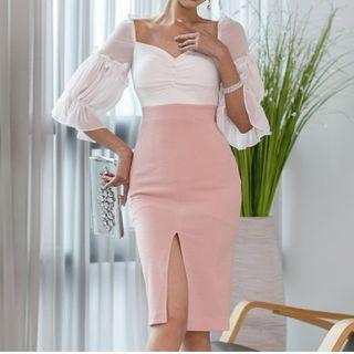 Two-tone Panel Elbow-sleeve Slit Midi Sheath Dress