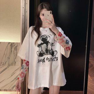 Bear Print Elbow-sleeve T-shirt As Shown In Figure - One Size