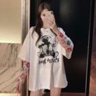 Bear Print Elbow-sleeve T-shirt As Shown In Figure - One Size