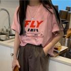 Short-sleeve Airplane Print T-shirt Pink - One Size