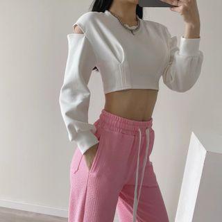 Cold Shoulder Round Neck Plain Crop Sweatshirt