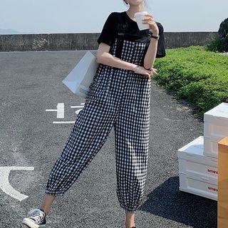 Set: Elbow-sleeve T-shirt + Gingham Straight-leg Jumper Pants