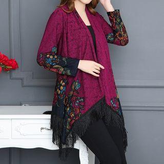 Flower Print Fringed Open-front Jacket