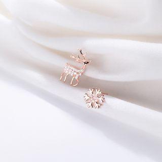 Deer Snowflake Rhinestone Asymmetrical Sterling Silver Earring 1 Pair - 925 Silver - Silver - One Size