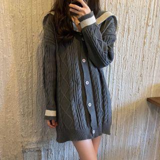 Contrast Trim Cable Knit Long-sleeve Cardigan Gray - One Size