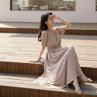 Puff-sleeve Shirred Pleated Maxi Dress
