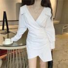 Long-sleeve V-neck Plain Slim-fit Shirtdress