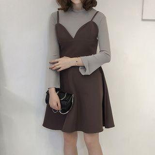 Set: Mock Neck Long-sleeve T-shirt + Strappy A-line Dress