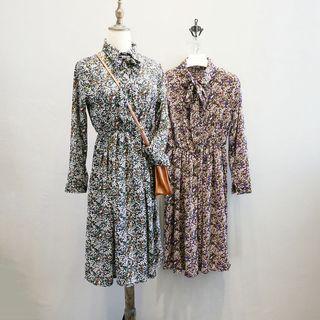 Long-sleeve Floral Pleated Chiffon Dress