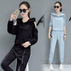 Set: Cold-shoulder Hoodie + Contrast-trim Sweatpants