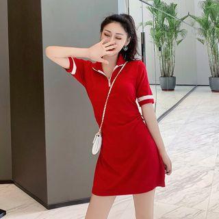Zip-detail Contrast-trim Drawstring-waist Dress Red - One Size