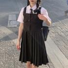 Short-sleeve Shirt / Striped Tie / Pleated A-line Overall Dress / Set