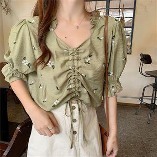 Puff-sleeve Floral Ruffle-trim Blouse