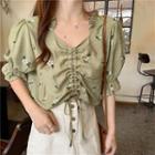 Puff-sleeve Floral Ruffle-trim Blouse