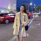 Double-breasted Trench Coat / Floral Print Balloon-sleeve Mini A-line Dress