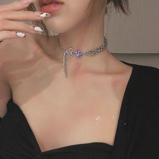 Heart Chain Choker Purple Crystal Love Heart Choker - Silver - One Size