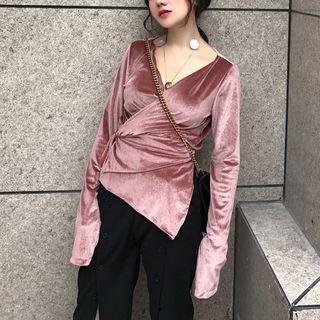 Plain V-neck Asymmetric Velvet Long-sleeve Top