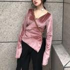 Plain V-neck Asymmetric Velvet Long-sleeve Top