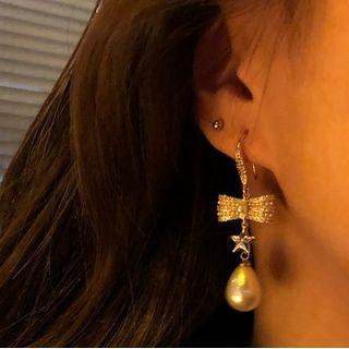 Bow Star Rhinestone Faux Pearl Drop Earring