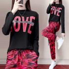 Long-sleeve Lettering Print T-shirt / Camo Print Jogger Pants / Set