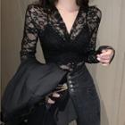 Long-sleeve Lace V-neck Top Black - One Size