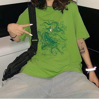 Short Sleeve Dragon Print Oversized T-shirt