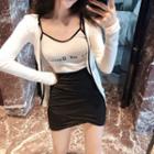 Lettering Printed Camisole Top / Plain Long-sleeve Cardigan / High-waist Skirt