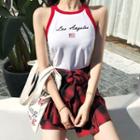 Lettering Short-sleeve T-shirt / Tank Top / Plaid A-line Skirt