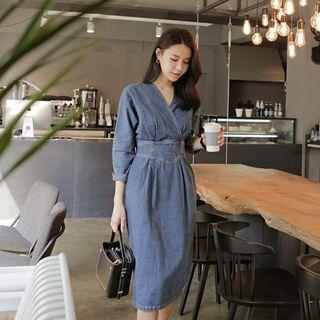 Wrap-front Denim Midi Dress