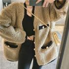Color-block Fleece Loose-fit Jacket Khaki - One Size