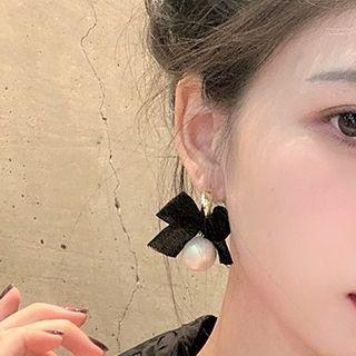 Faux Pearl Bow Drop Earring 1 Pair - Black - One Size